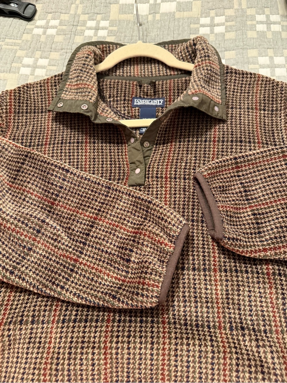 Lands' End womens Brown Multi-Check Snap Pullover with Olive Trim